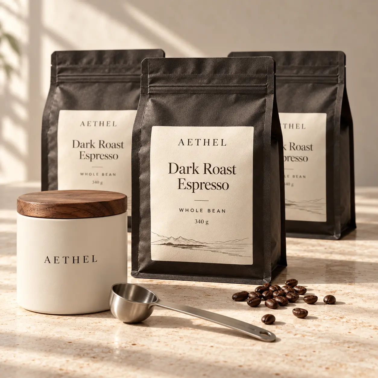 AETHEL espresso coffee bags with a complimentary scoop and storage canister